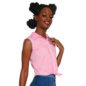 Pink Sleeveless Tie Front Button Up Blouse 50s 60s Retro Style Size L - Hey Viv